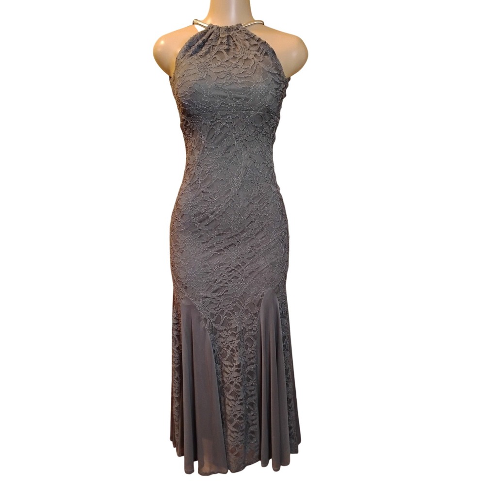 Y2K Jump Apparel Gray Lace Halter Neck Mermaid Maxi Dress Open Back Size 1/2